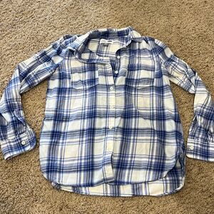 White & blue plaid button up flannel type